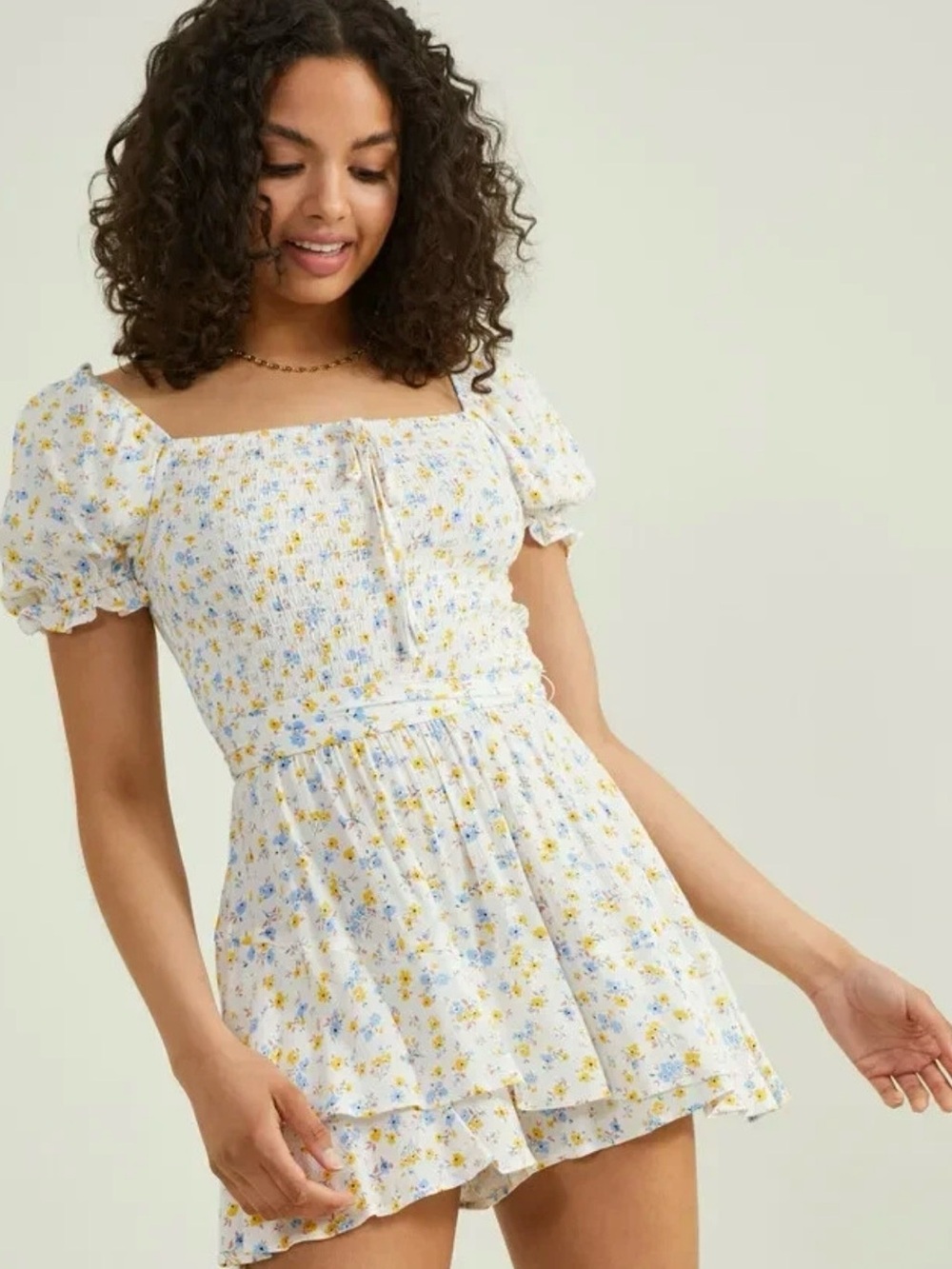 Altar'd State White Mini Dress with Blue & Yellow Floral Print